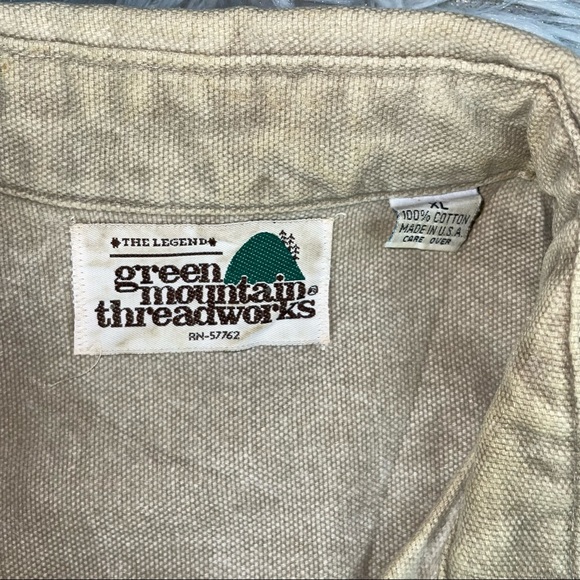Vimtage 1990’s The Legend Green Mountain Threadworks Beige Tan Work Button Shirt - Picture 4 of 8